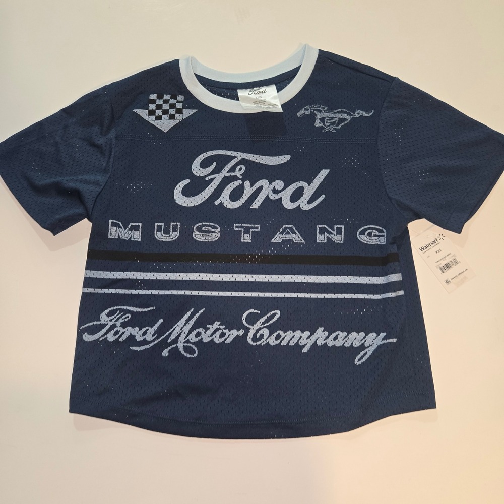 Ford Mustang Jersey Navy Blue Mesh Cropped Racing Shirt 64 Graphic XXS NWT